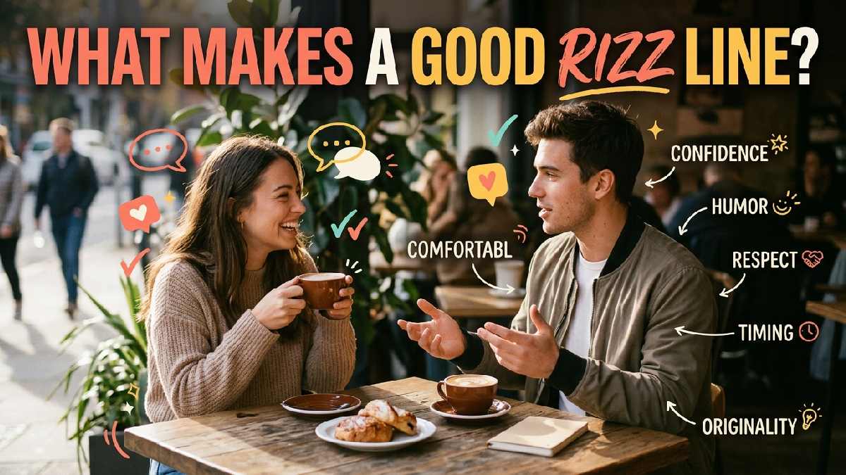 Young couple enjoying a friendly conversation surrounded by hearts and speech bubbles, illustrating confidence, humor, respect, and originality in rizz lines.
