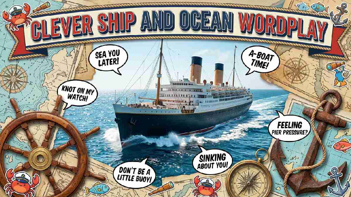 Classic ship sailing across sparkling ocean waves surrounded by nautical maps and playful symbols, representing clever ship and ocean wordplay.