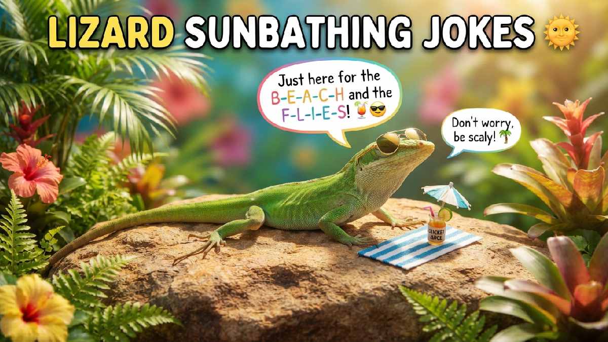 Relaxed lizard wearing tiny sunglasses while sunbathing on a warm rock, surrounded by tropical plants and playful summer joke elements.