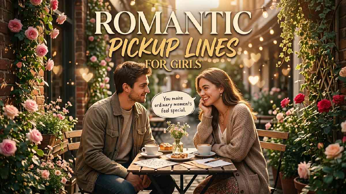 Young couple smiling beside roses and flowers, representing romantic pickup lines for girls seeking sweet, heartfelt, and charming conversations.
