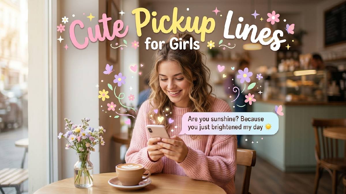 Young woman smiling while sending a cute DM, surrounded by hearts, emojis, and notifications representing playful pickup lines for messaging.