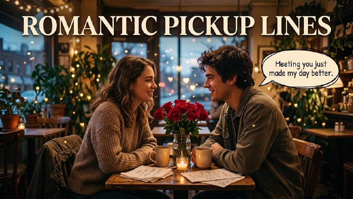 Romantic couple sharing a warm smile beside roses and glowing hearts, representing sweet pickup lines for sincere and charming flirting moments.