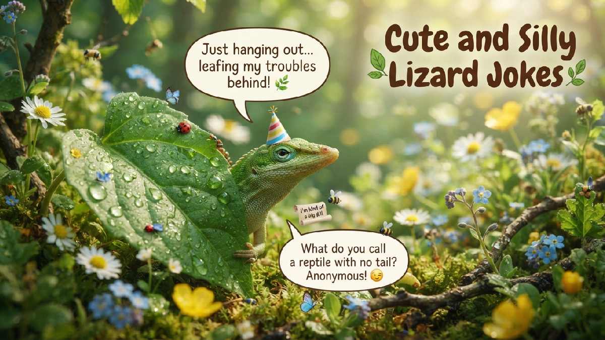 Cute little lizard peeking from green leaves with flowers, insects, and playful speech bubbles, creating a silly wholesome reptile joke scene.