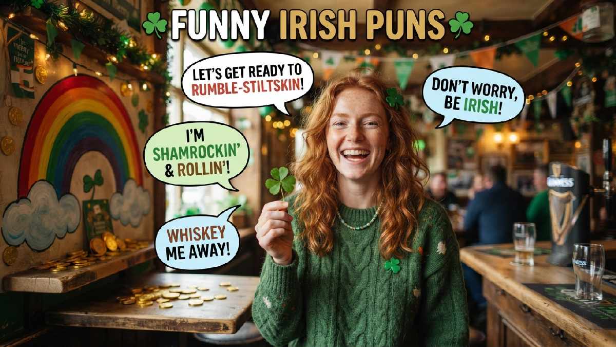 Cheerful person holding a shamrock surrounded by rainbows, golden coins, and playful speech bubbles, representing funny Irish puns and humor.