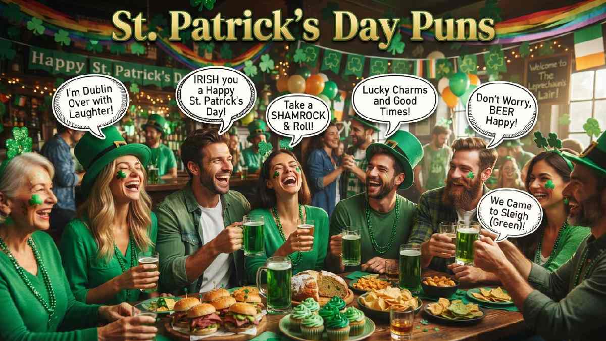 Festive St. Patrick’s Day celebration with shamrocks, rainbows, green decorations, and playful speech bubbles representing funny holiday puns and wordplay.