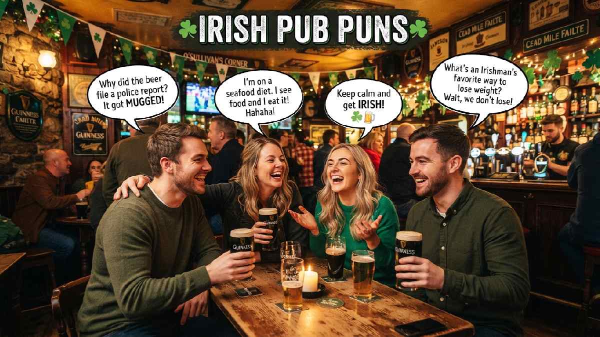 Cozy Irish pub filled with shamrocks, cheerful friends, mugs, and playful speech bubbles, representing funny Irish pub puns and humor.