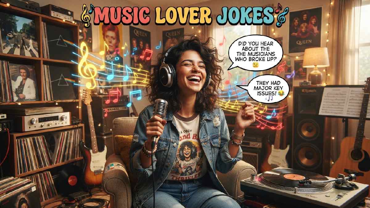 Happy music lover surrounded by headphones, records, instruments, and musical notes, representing funny jokes for passionate music fans and listeners.