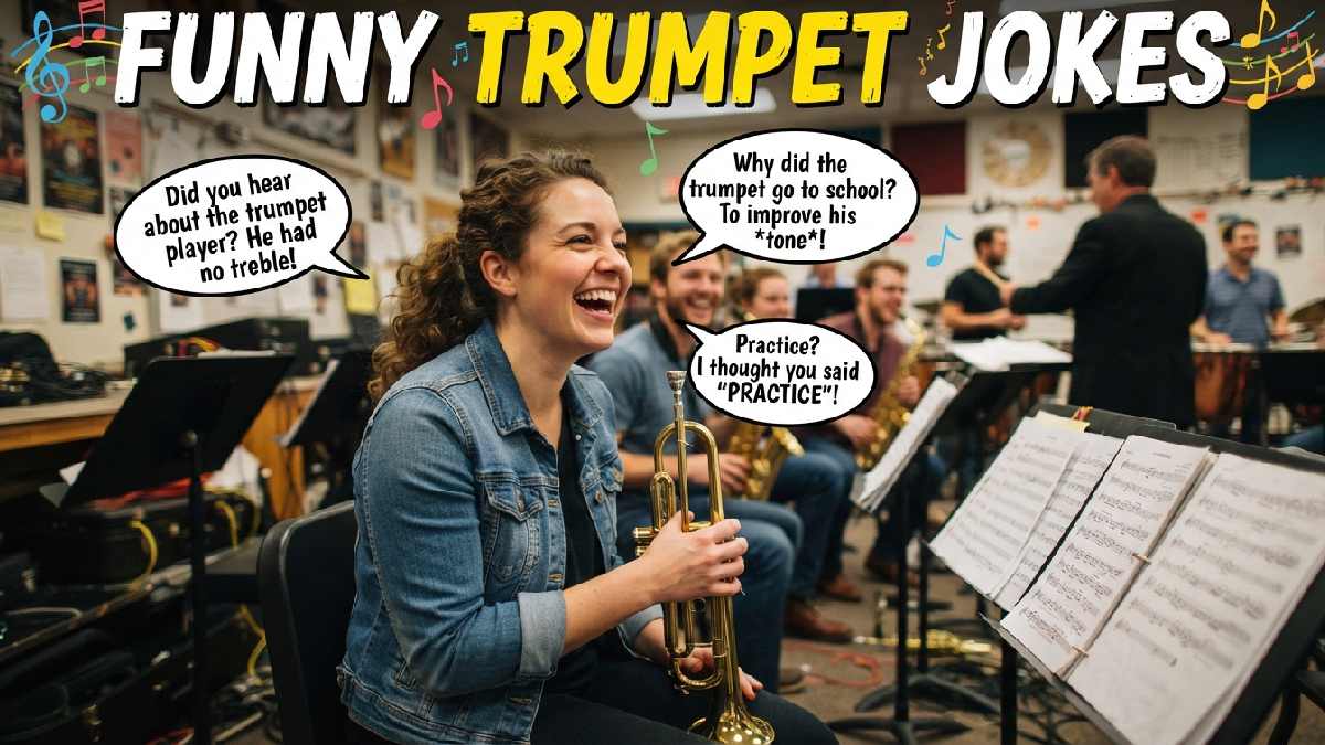 Laughing trumpet player holding a shiny brass instrument surrounded by sheet music and playful speech bubbles, representing funny trumpet jokes.