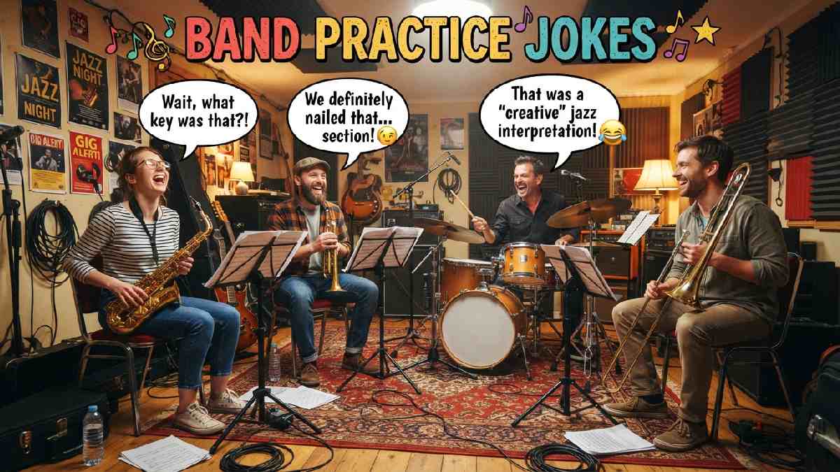 Funny band rehearsing with trumpets, drums, saxophones, and sheet music while laughing together, representing hilarious band practice jokes and humor.