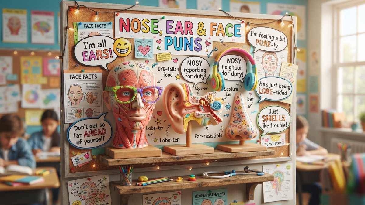 Nose, ear, and facial anatomy models surrounded by glasses, headphones, and playful speech bubbles, representing funny face anatomy puns and jokes.