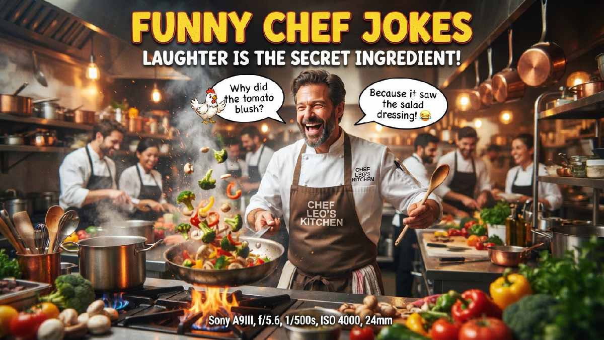 Laughing chef tossing vegetables in a busy kitchen surrounded by colorful ingredients and cookware, representing funny chef jokes and humor.