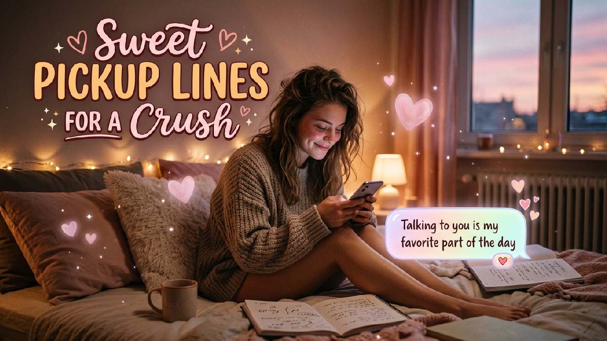 Young woman texting her crush surrounded by pink hearts and sweet notes, representing charming pickup lines for heartfelt romantic messages.