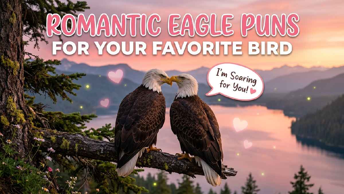 Two loving bald eagles touching beaks on a sunset branch with floating hearts, representing sweet romantic eagle puns for couples.