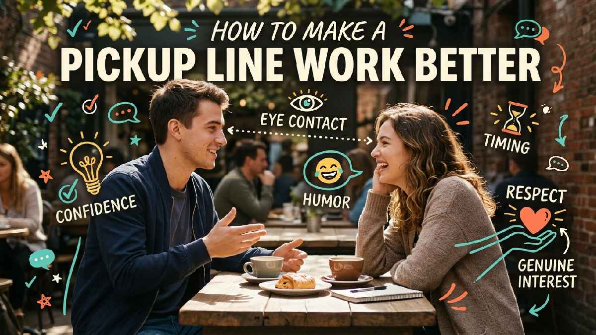 Young couple having a relaxed conversation surrounded by hearts, lightbulb, and speech bubbles, illustrating better timing, confidence, humor, and respect.