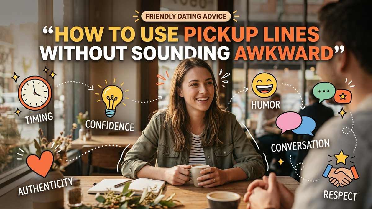 Young woman enjoying a natural conversation surrounded by hearts, lightbulb, clock, and speech bubbles, illustrating confident pickup line use without awkwardness.