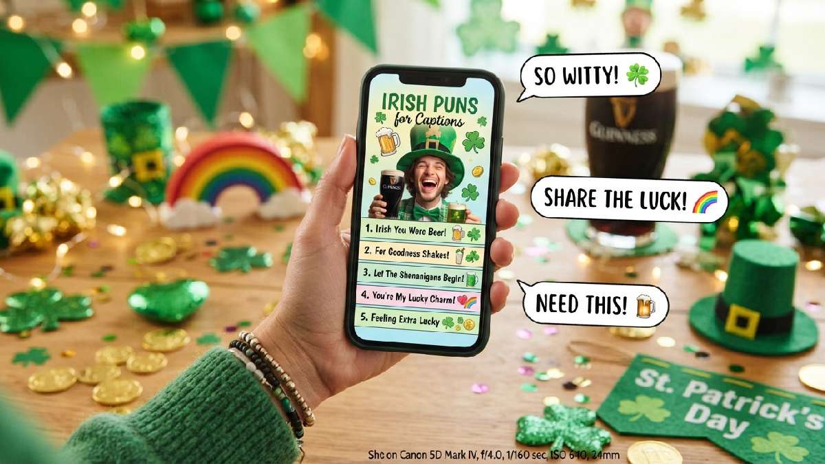 Smartphone showing an Irish-themed social media post surrounded by shamrocks, rainbow, and golden coins, representing funny Irish caption puns.