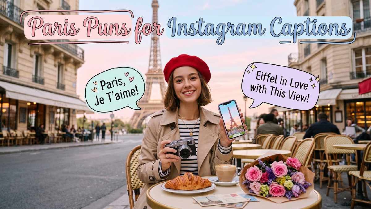 Traveler posing near the Eiffel Tower with a camera, Parisian café scenery, and playful Paris puns perfect for Instagram captions.