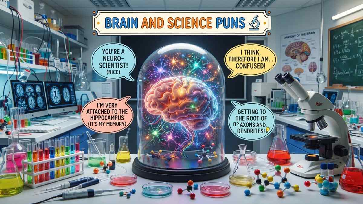 Human brain surrounded by laboratory equipment, molecules, neurons, and scientific charts, representing funny brain and science puns for curious readers.