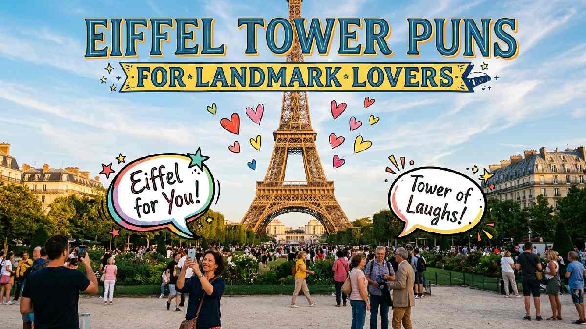 Eiffel Tower standing tall above Paris with cheerful tourists, playful heart doodles, and clever landmark puns celebrating French sightseeing.