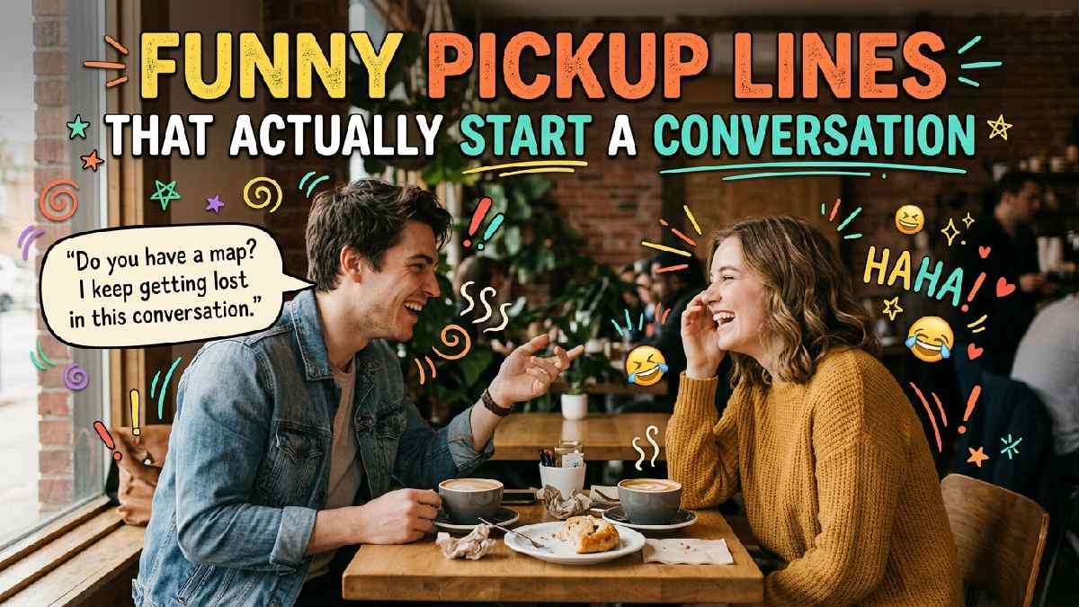 Two young adults laughing over coffee with witty speech bubbles, representing funny pickup lines designed to start natural and enjoyable conversations.