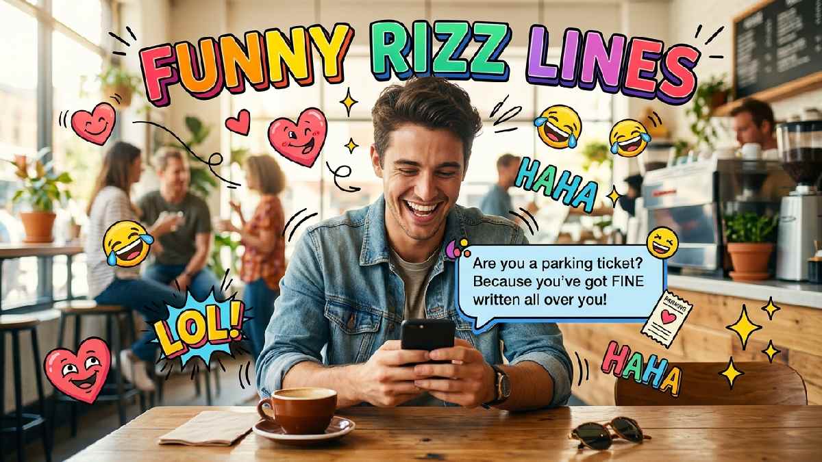 Laughing young man texting surrounded by funny hearts and chat bubbles, representing hilarious rizz lines for playful flirting and conversations.