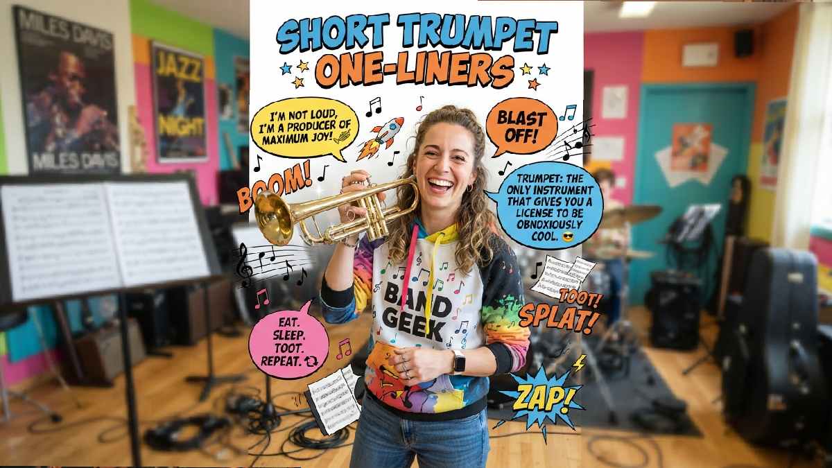Trumpet player posing with brass instrument surrounded by short comic speech bubbles and musical notes, representing funny trumpet one-liners and jokes.