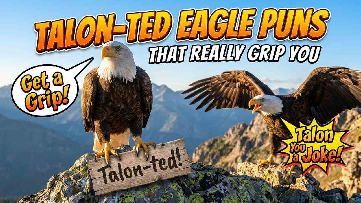 Powerful bald eagle displaying sharp talons on a mountain rock with funny speech bubbles, featuring clever talon themed eagle puns.
