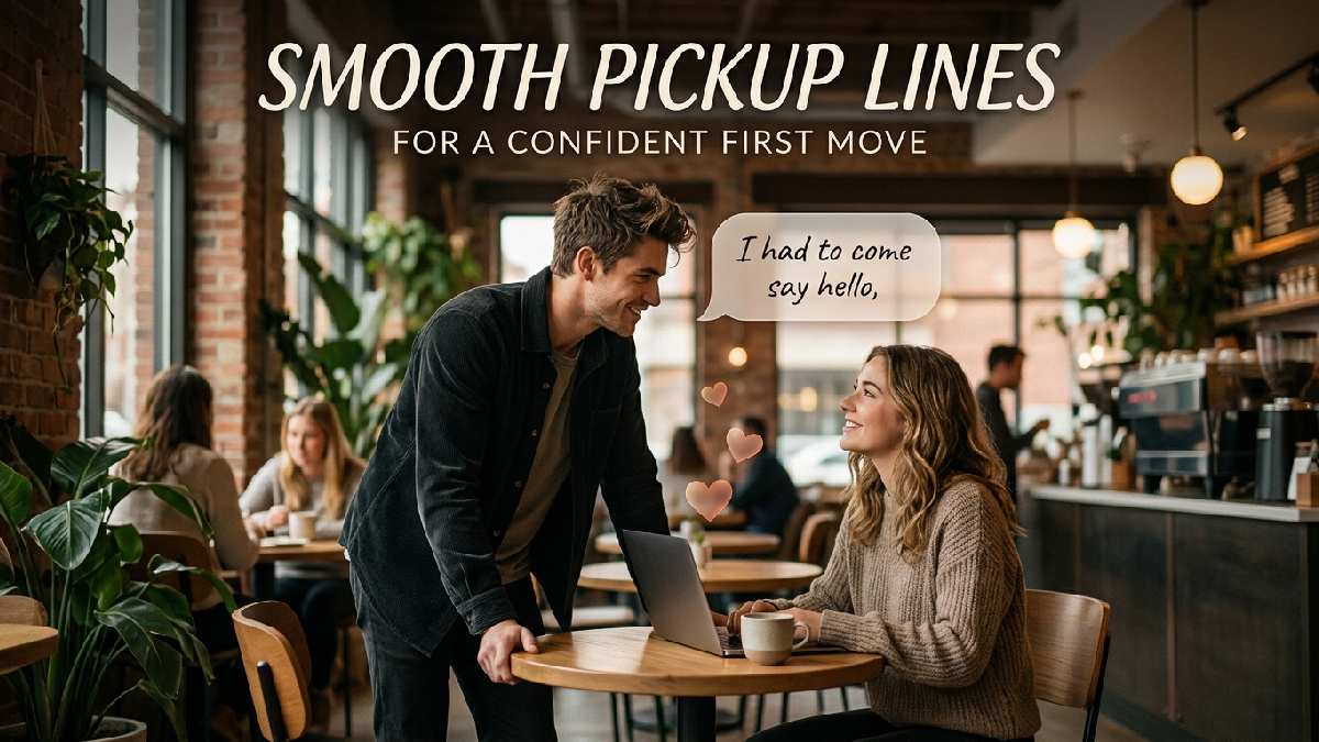 Confident young adult making a charming first move at a café, surrounded by hearts and speech bubbles showing smooth flirting lines.