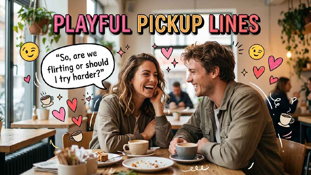 Playful couple laughing with winking emojis, hearts, and cheeky speech bubbles, representing fun pickup lines for relaxed and confident flirting.