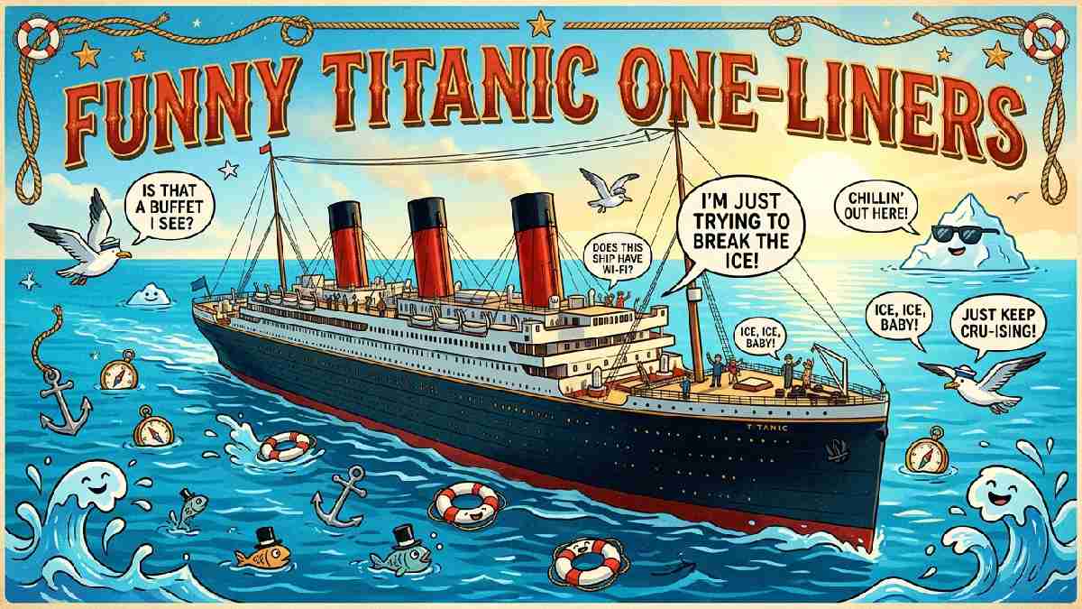Vintage passenger ship surrounded by playful nautical speech bubbles and ocean waves, representing funny Titanic one-liners for quick laughs and sharing.