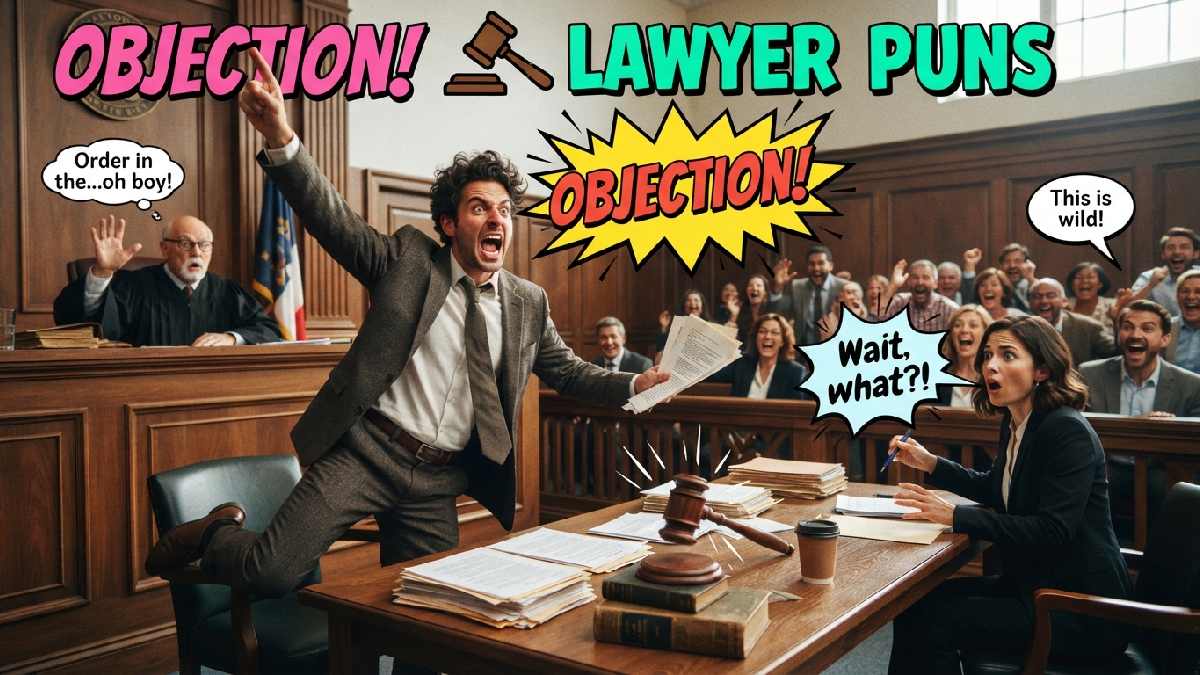 Dramatic lawyer raising a hand during court with a gavel and playful speech bubbles, representing funny objection lawyer puns and humor.