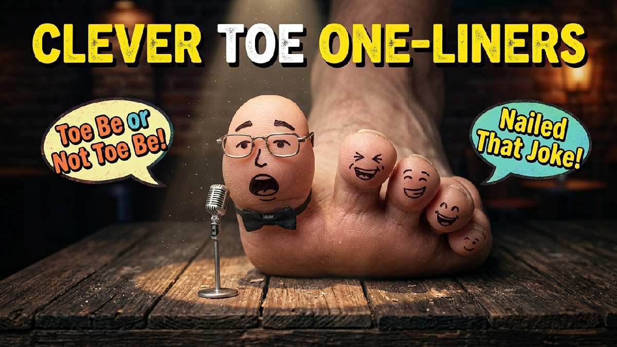 Clever toe wearing glasses and bow tie performs comedy with tiny microphone, representing witty toe one liners and funny wordplay.