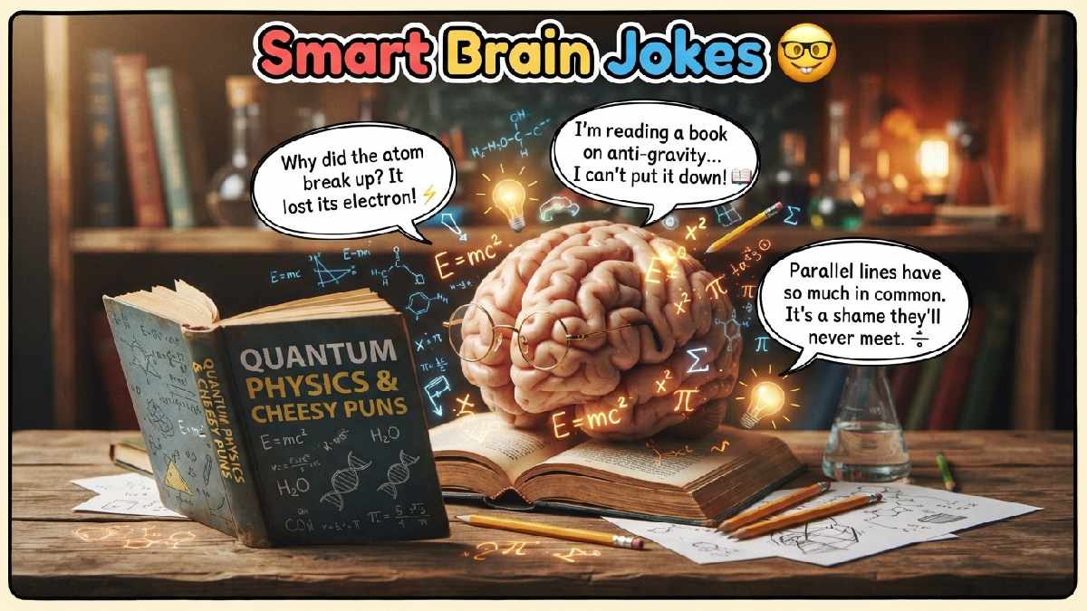 Brain wearing glasses beside science books, equations, pencils, and lightbulbs, representing smart brain jokes filled with clever intellectual humor.