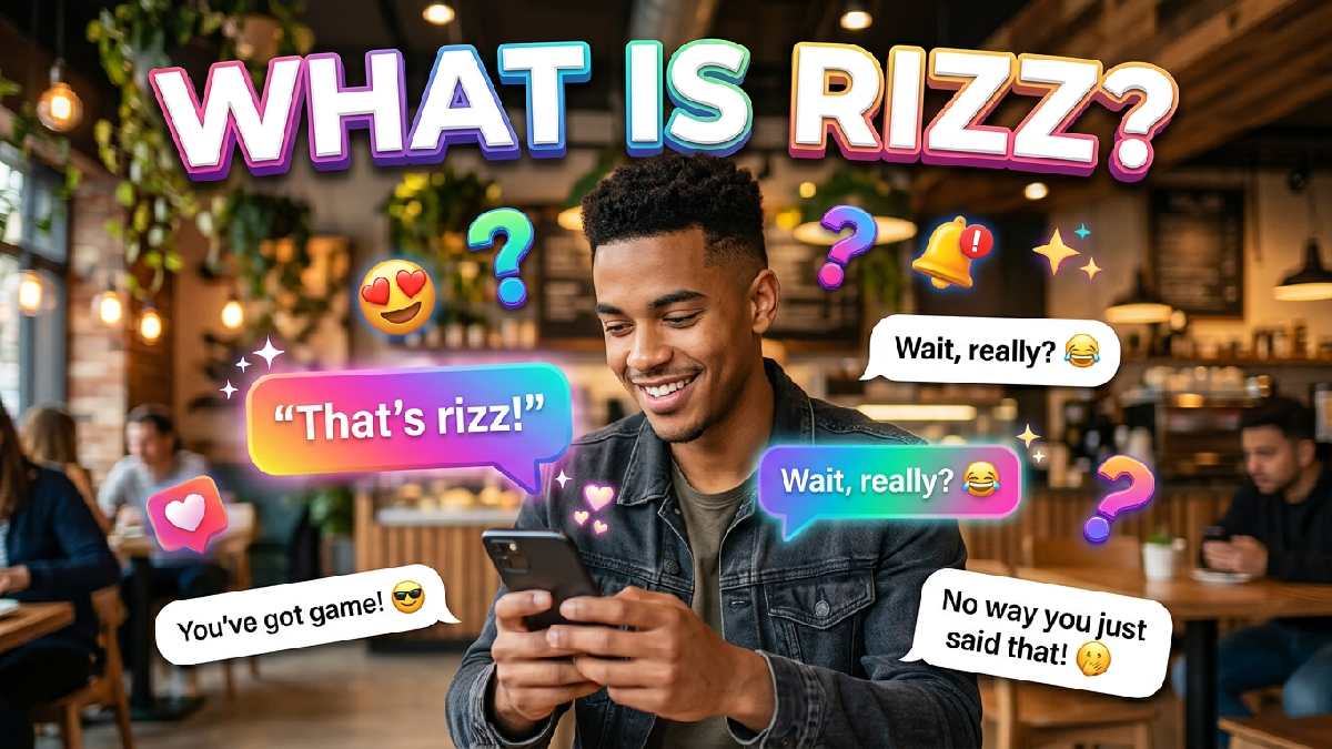 Young man texting with hearts, question marks, and playful chat bubbles, explaining rizz as confident charm used for flirting and attraction.