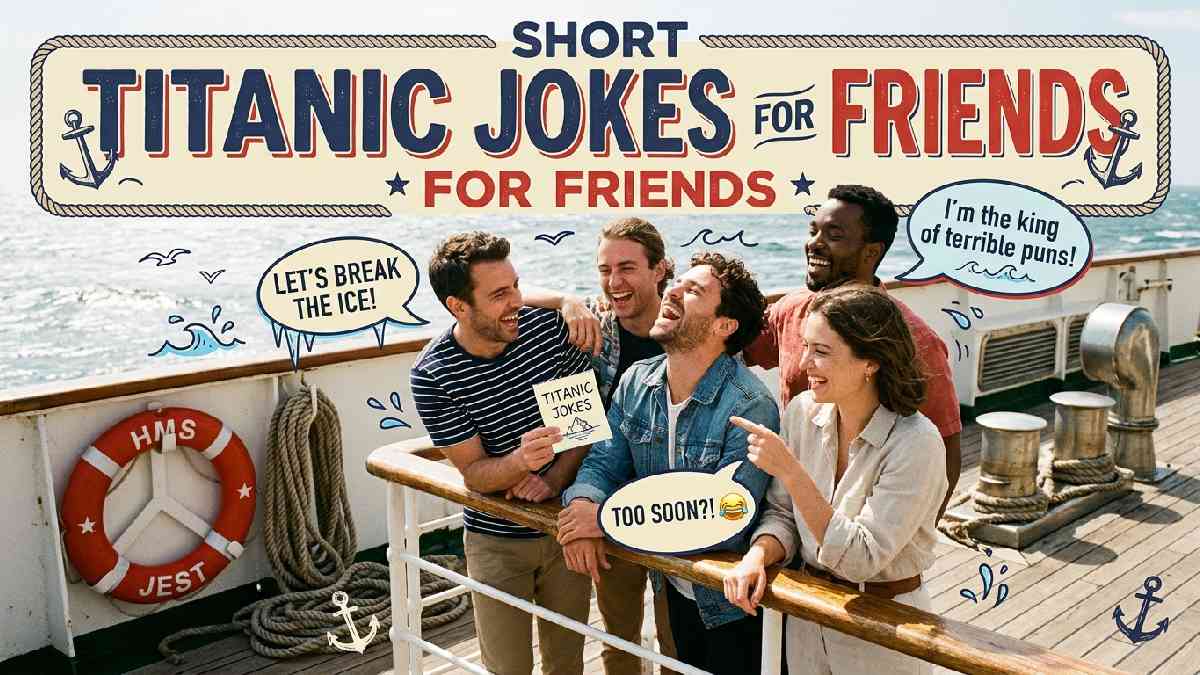 Friends laughing together aboard a ship surrounded by nautical props and funny speech bubbles, representing short Titanic jokes for sharing.