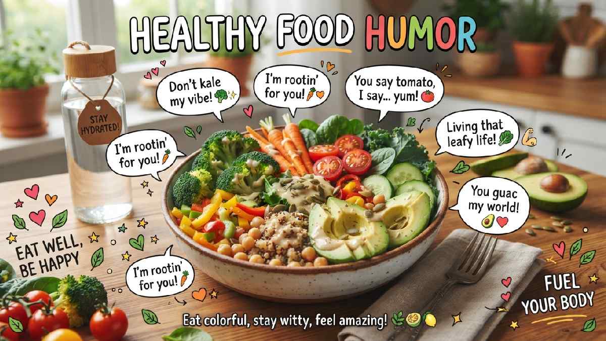 Healthy salad bowl filled with broccoli and colorful vegetables surrounded by playful speech bubbles, representing clean healthy food humor and jokes.