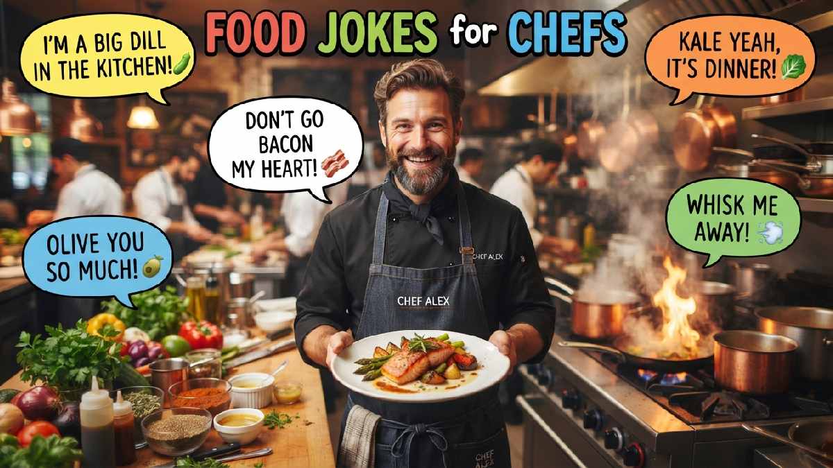 Chef presenting a delicious dish surrounded by fresh ingredients and playful food speech bubbles, representing funny food jokes for chefs.