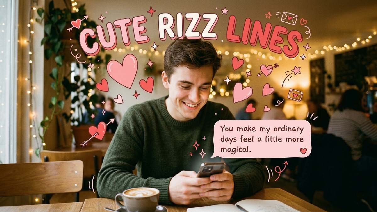 Smiling young man holding smartphone surrounded by hearts and sweet messages, representing cute rizz lines for charming and romantic flirting.