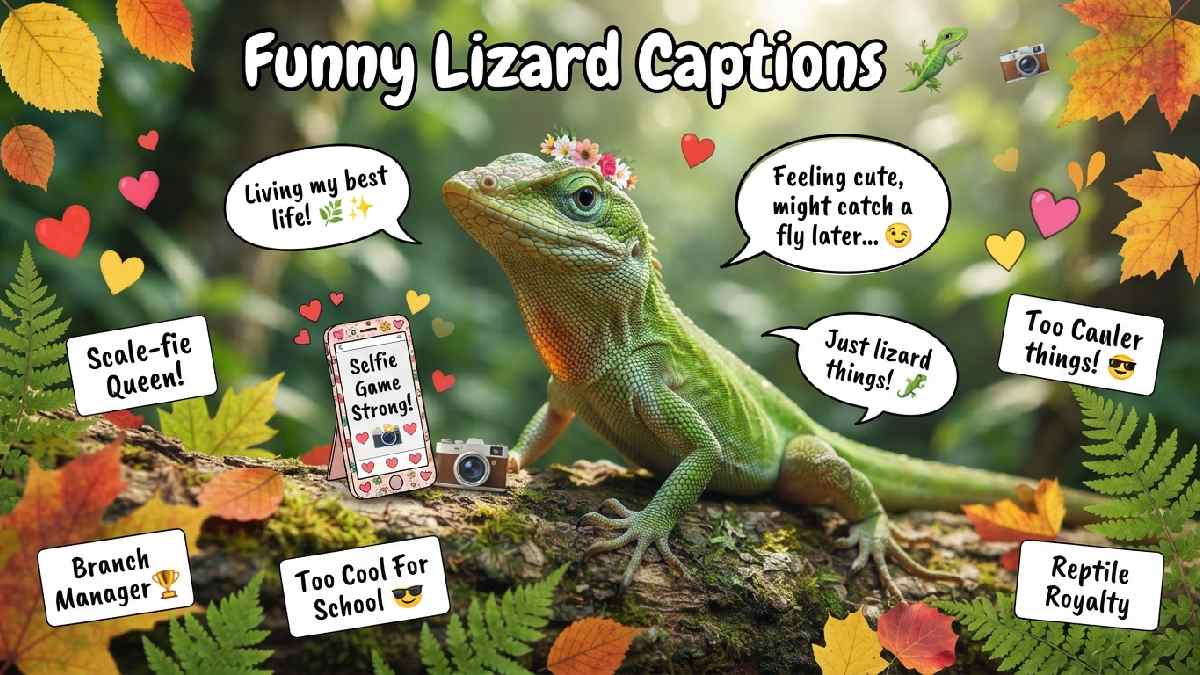 Stylish lizard posing for a photo with smartphone, colorful leaves, hearts, and speech bubbles representing funny reptile captions for sharing.