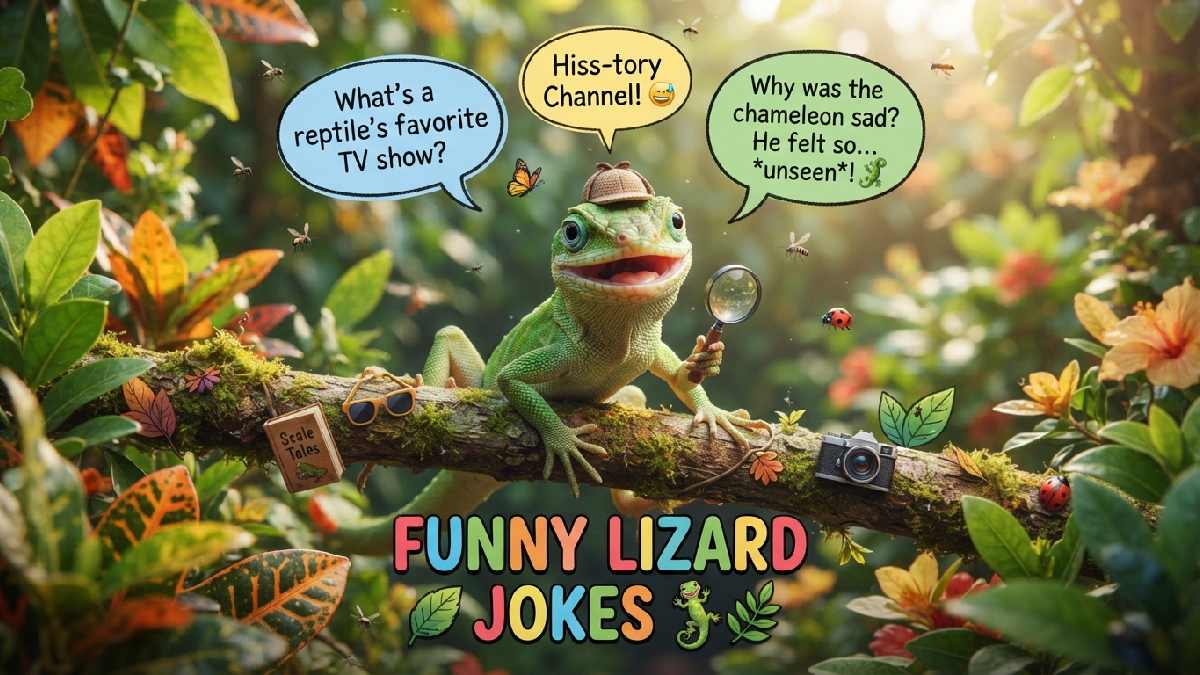 Cheerful lizard sitting on a leafy branch with playful speech bubbles and funny props, creating a silly reptile joke scene.