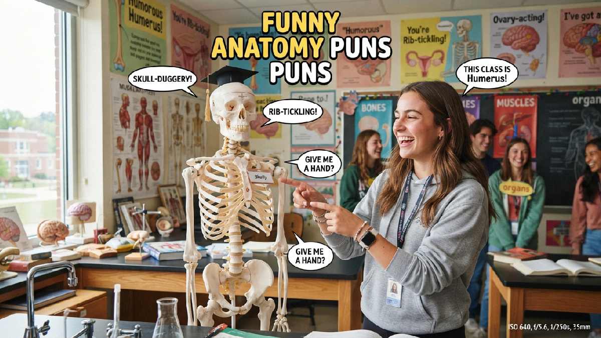 Smiling student beside a skeleton model surrounded by anatomy charts and playful speech bubbles, representing funny anatomy puns and jokes.