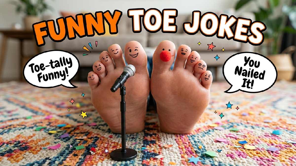 Playful toes with smiling faces, clown noses, and tiny microphones create a hilarious scene celebrating funny toe jokes and laughter.