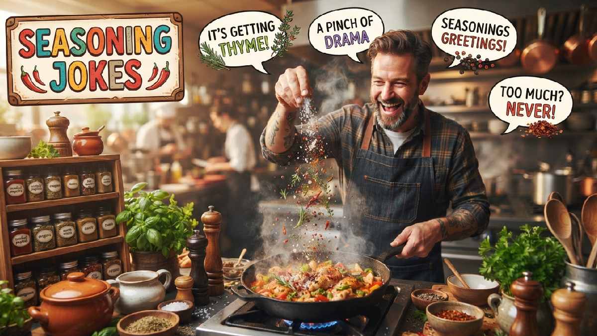 Chef sprinkling spices over sizzling food surrounded by seasoning jars and herbs, representing funny seasoning jokes with flavorful culinary humor.