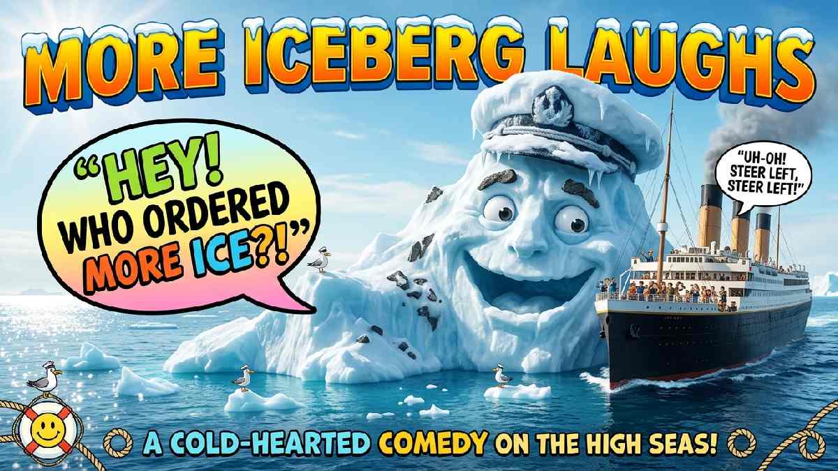 Large iceberg floating beside a vintage ship with playful speech bubbles and ocean waves, representing funny iceberg laughs and Titanic humor.