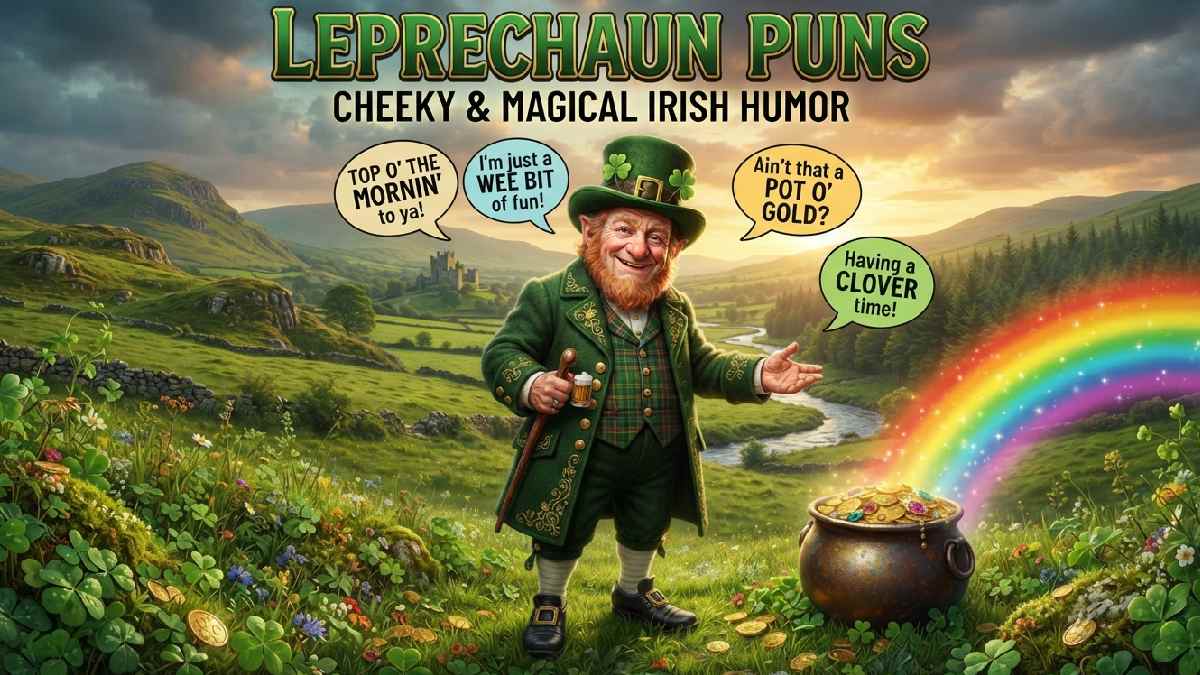 Whimsical leprechaun standing beside a pot of gold beneath a rainbow, surrounded by shamrocks and playful speech bubbles with puns.