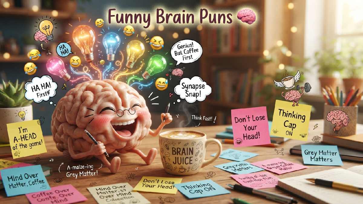 Playful brain surrounded by coffee, sticky notes, lightbulbs, and funny thought bubbles, creating a cheerful collection of humorous brain puns.
