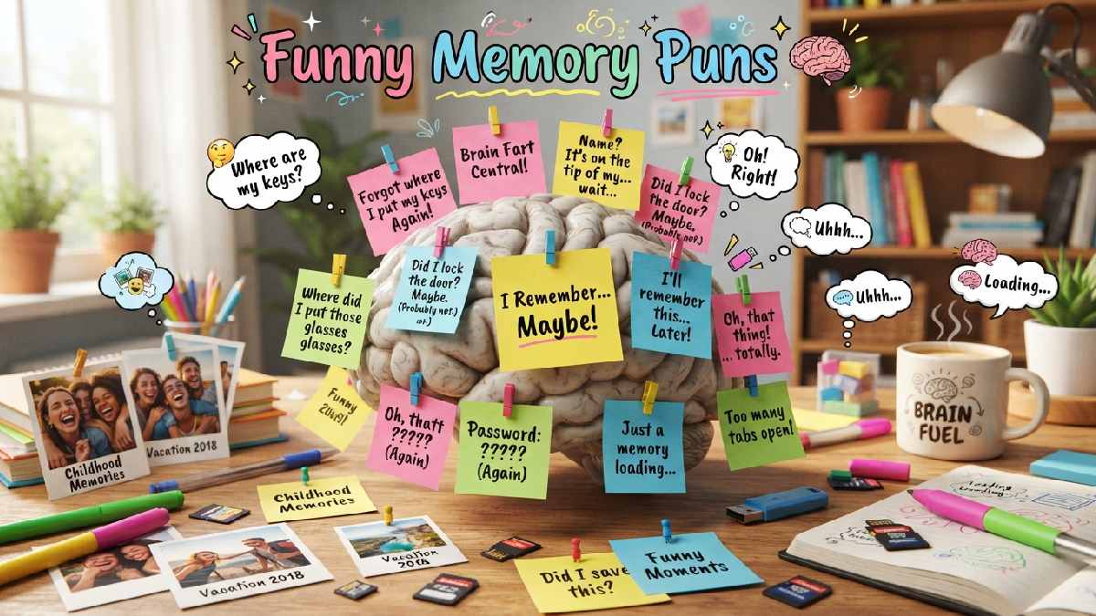 Human brain surrounded by sticky notes, photos, memory cards, and thought bubbles, representing funny memory puns about remembering and forgetting.