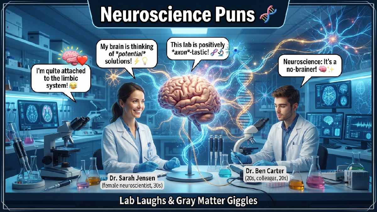 Detailed brain model surrounded by neurons, DNA structures, microscope equipment, and speech bubbles, representing clever neuroscience puns and scientific humor.