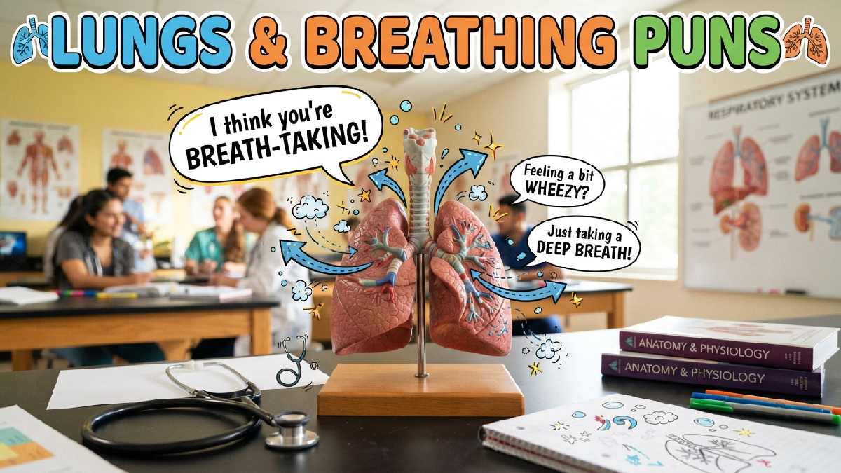 Anatomical lung model surrounded by airflow arrows, bubbles, and playful speech bubbles, representing funny lungs and breathing puns for readers.